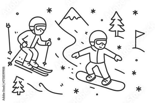 Ski Slope Doodle. Skiing or Snowboarding Down a Snowy Mountain Slope. Hand-drawn doodle illustration skiing or snowboarding down a snowy mountain slope skier,