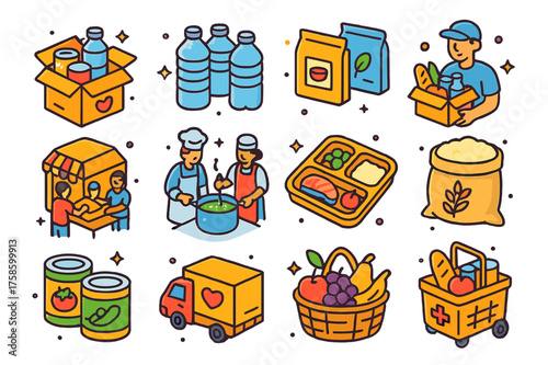 Isometric Food Relief Icons. Food relief. Colorful isometric vector icons set of food relief: food boxes, water bottles, nutrition packs, volunteer delivering