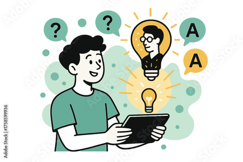 Remote Learning Inspiration. Remote tutoring inspiration. A student holding tablet with lightbulb glowing above, tutor?s silhouette inside shining with