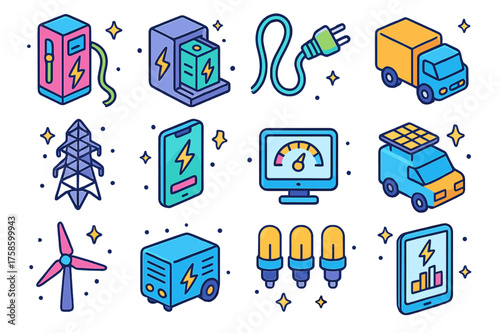 Electric Truck Infrastructure Icons. Colorful isometric vector icons set of electric truck charging infrastructure: fast charging station, battery swap unit,