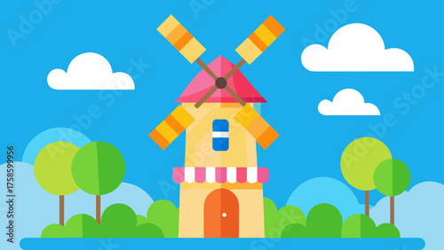 Charming cartoon windmill with colorful blades and sunny sky