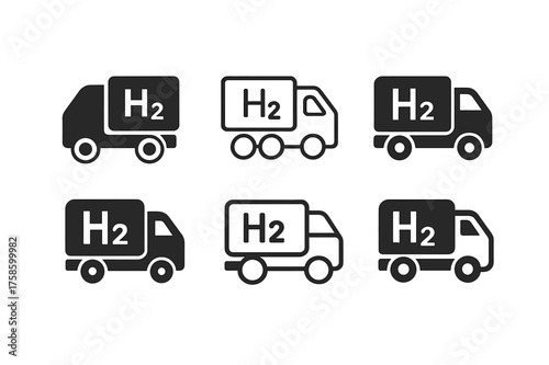 Hydrogen Truck Logos. Future of transportation. Set Logo of Future of transportation: Hydrogen fuel-cell freight truck. harmonious logo variations of the same