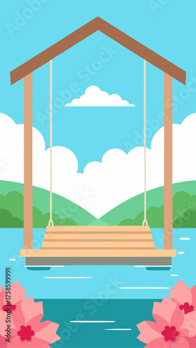 Peaceful lakeside swing under a bright blue sky with green hills and pink flowers