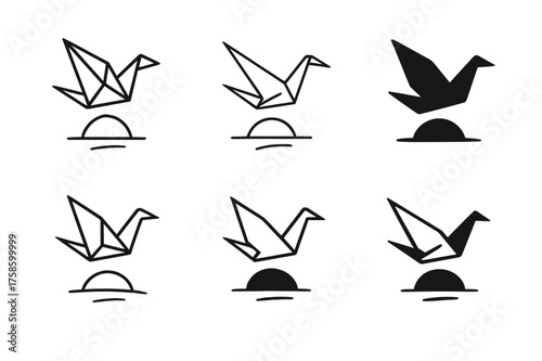 Origami Dream Logos. Dream realization. Set Logo of Dream realization: Origami crane taking flight toward the horizon. harmonious logo variations of the same