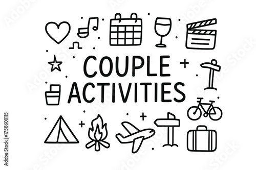 Couple Activities Doodle. Couple Activities. Hand-drawn doodle illustration of Couple Activities. heart,