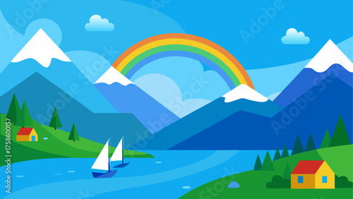 Vibrant mountain landscape with rainbow and sailboats