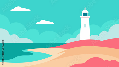 Minimalist lighthouse on a sandy beach with turquoise water and cloudy sky