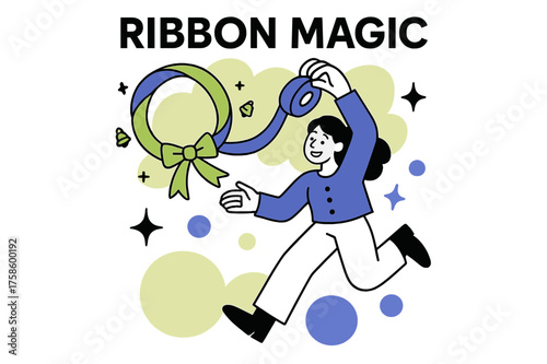Ribbon Wreath Magic. DIY holiday wreath-making party. Character holding a spool of ribbon that loops into a