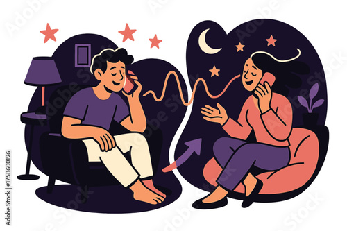 Late-Night Conversations. Late-night calls. Characters sitting in cozy rooms with dim light, talking through
