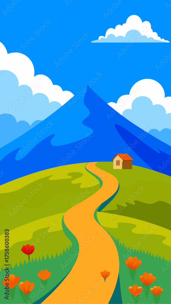 Fototapeta premium A winding path leads to a cozy house amidst rolling hills and mountains