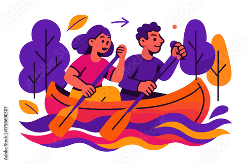 Canoe Adventure. River journey. Two friends paddling a handcrafted canoe down glowing stylized waves,