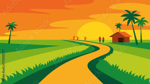 Silhouetted figures walk along a winding path towards a sunset in a tropical landscape