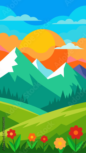 Vibrant mountain landscape with sunflowers and snow capped peaks