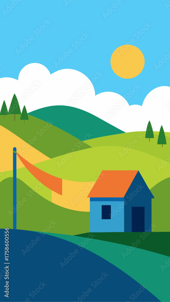 Fototapeta premium Stylized landscape with blue house and orange roof under a sunny sky