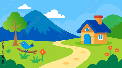 Charming cartoon landscape with a blue bird house and winding path