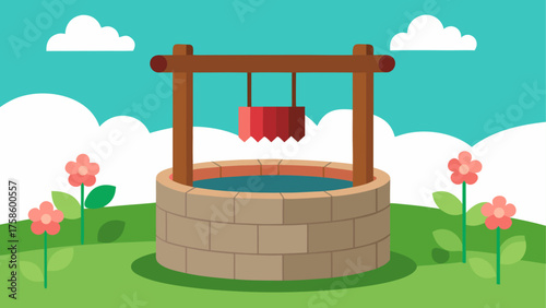 Charming cartoon well with bucket and flowers under a bright blue sky