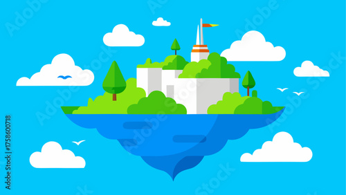 Floating island landscape with white buildings and green trees under a blue sky