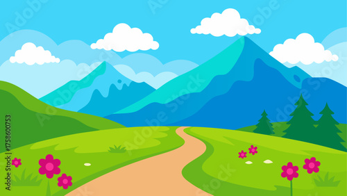 Vibrant cartoon landscape with winding path and majestic mountains