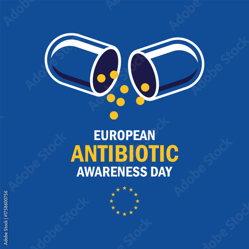 European Antibiotic Awareness Day poster vector illustration. Antimicrobial resistance icon. Flag of Europe and open capsule symbol. Template for background, banner, card. 18 November. Important day