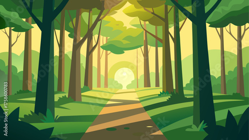 Sunlit forest path leading to a bright clearing with stylized trees
