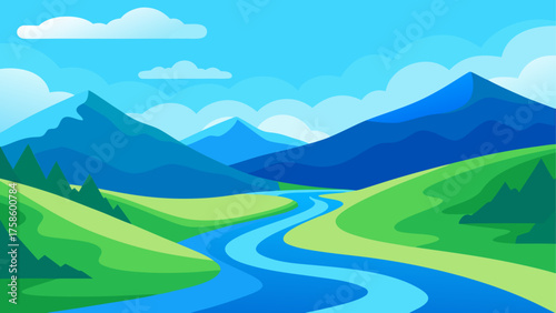 Vibrant mountain landscape with winding river and cloudy sky