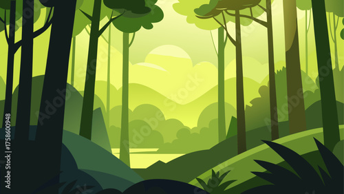 Stylized forest landscape with layered greens and soft sunlight