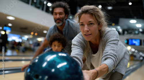 A family including a child is engaged in a joyful bowling experience, highlighting the thrill of competition and shared moments in a lively bowling alley atmosphere.