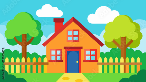 Charming cartoon house with trees and fence under a blue sky