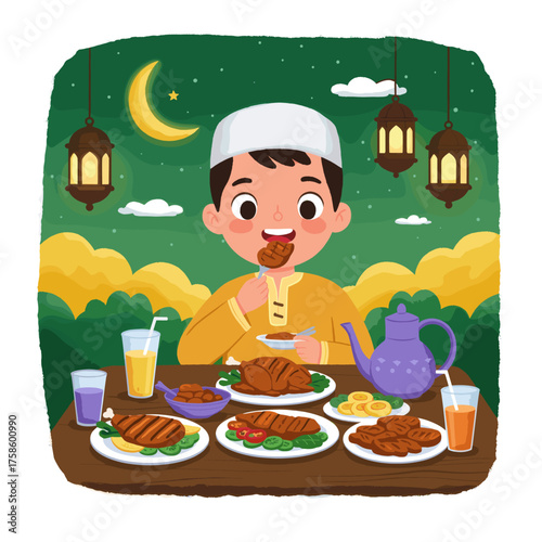 Boy in kufi eating iftar meal with meat, dates, and juice during ramadan feast at night. Vector.
