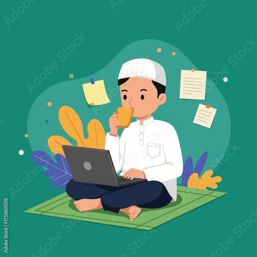 Muslim man in kufi using laptop while drinking tea, sitting on prayer mat. Vector illustration.