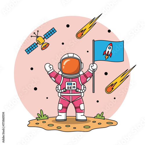 Cute cartoon astronaut holding rocket flag on Mars surface with meteors and satellites in background, adorable cosmic space explorer character in pink suit flat vector illustration