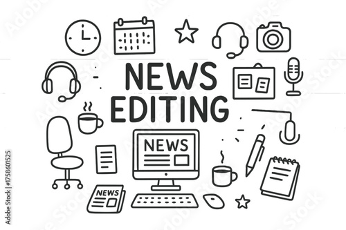 Newsroom Doodle Elements. News Editing. Hand-drawn doodle illustration of News Editing. computer monitor,
