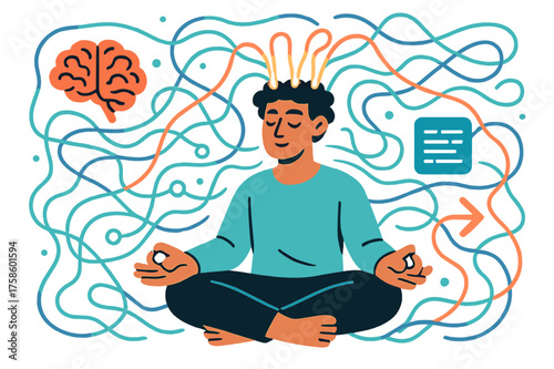 Cyber Meditation Network. Neural links. A character meditating with glowing wires plugged into their head,