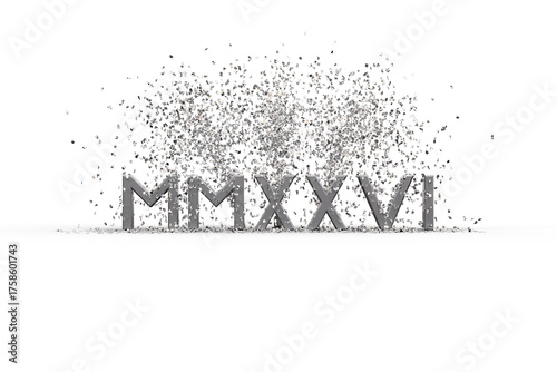 Tableau sur toile le texte 2026 en chiffre romain MMXXVI avec confettis argentés - rendu 3D sur fo