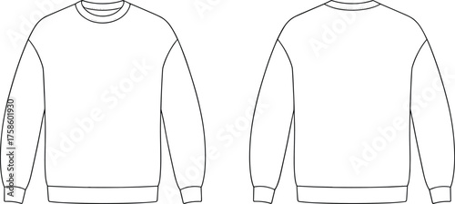 Sweatshirt vector, long sleeve crewneck, technical flat sketch, fashion template, apparel design, clothing mockup, garment outline, casual wear, unisex illustration