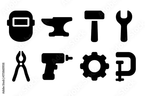 Metalwork Tools Icons. Metalwork Tools. Filled icon set of Metalwork Tools: welding mask, anvil, hammer,