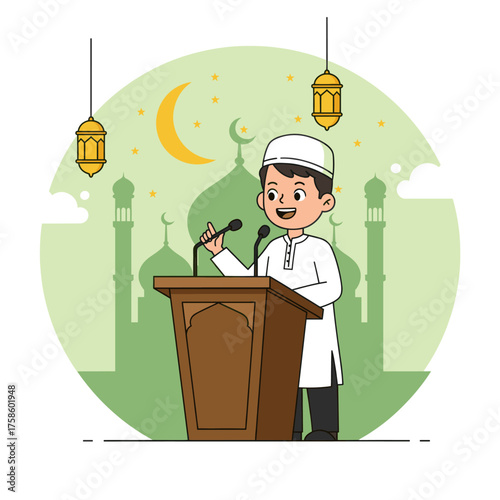 Cartoon of a muslim boy giving a speech with mosque background, moon and hanging lanterns.