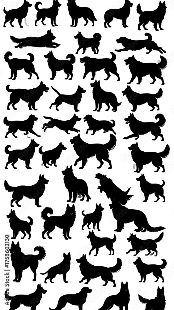 Obraz premium Many silhouettes of various canines are densely arranged against a white background. The simple designs are varied in pose and posture