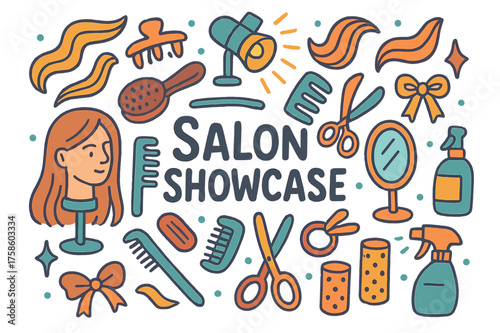 Colorful Salon Doodle. Salon Showcase. Hand-drawn doodle illustration of Salon Showcase. mannequin head, hair