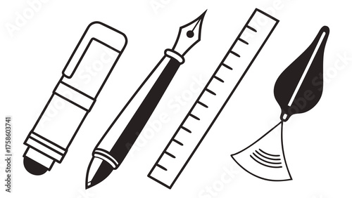 Vector art of stationery set featuring a marker, fountain pen, ruler, and quill, perfect for illustrating writing, drawing, or office supplies in a minimalist style