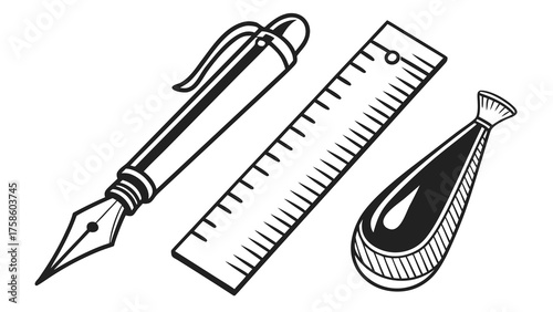 Vector art of elegant stationery set with a fountain pen, ruler, and ink bottle, ideal for illustrating classic writing tools and office supplies in a clean, minimalist style