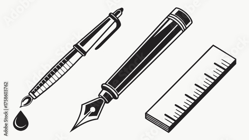 Vector art of classic stationery set featuring a ballpoint pen, fountain pen, and ruler, perfect for illustrating writing, drawing, or office supplies in a vintage style