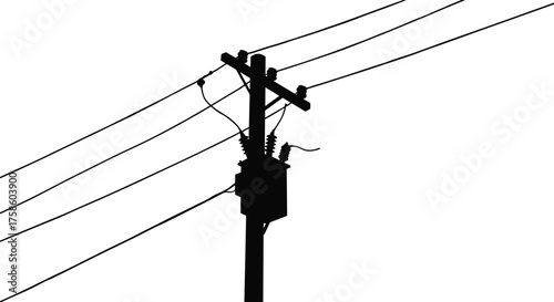 Silhouette vector illustration of electric power distribution pole with transformer and wires, industrial energy infrastructure for electricity transmission and urban utility network concept