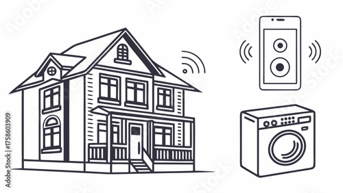 Illustration of a smart home the house, phone, and washing machine are drawn in a simple, graphic style, with clean lines and minimal detail the image is black and white