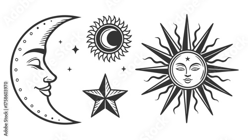Illustration of celestial bodies with a vintage aesthetic, featuring a crescent moon with a face, a star, a sun with a face, and other celestial elements