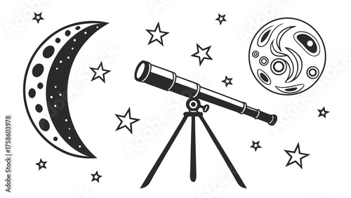 Illustration of celestial objects and a telescope, featuring a crescent moon, stars, a planet, and a telescope on a tripod for astronomical observation