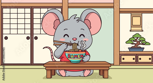cute mouse eating ramen with chopsticks in a japanese room enjoying the meal perfect for illustrating asian cuisine and cartoon designs