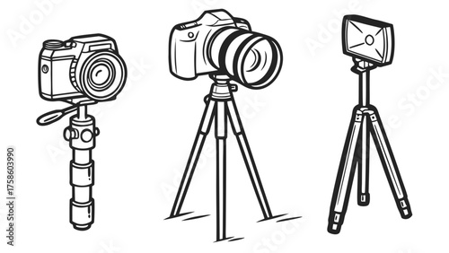 Illustration of camera equipment, showcasing various tripods, camera, and flash, ideal for photography enthusiasts and content creators seeking visual aids