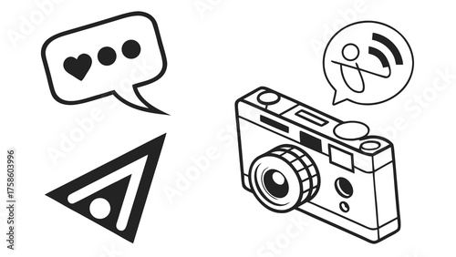 Illustration of social media and camera, showcasing communication, photography, and digital interaction, ideal for social media enthusiasts and content creators