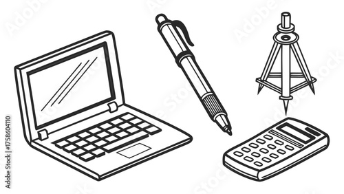Illustration of a laptop, pen, theodolite, and calculator, representing surveying, engineering, and technology, ideal for educational and professional designs